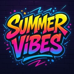 summer banner graffiti text with vibrant neon colors on dark wall, perfect for party promotions, event posters, urban marketing