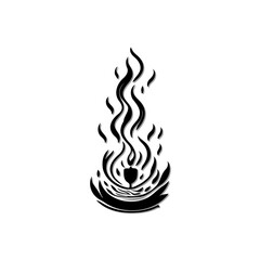 Stylized fiery emblem design with dynamic black flames on a white background