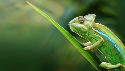 Fototapeta premium Chameleon on Green: A vibrant green chameleon, its eye focused, clings delicately to a blade of grass.