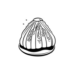 Monochrome drawing of a dessert resembling a clam shell on a plate