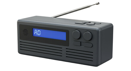 Fototapeta premium Isolated Modern Black Radio with Antenna Displaying AD Message