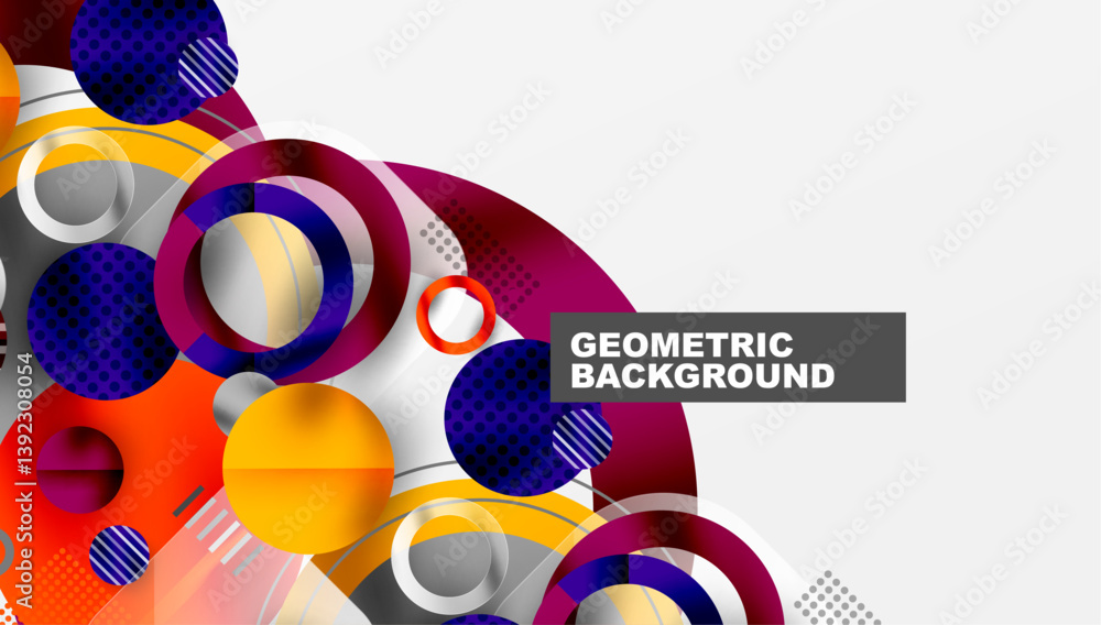Poster bright colorful shapes overlap. circles, squares, lines create dynamic abstract composition. modern 