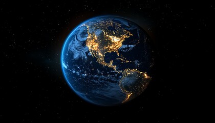 Fototapeta premium Earth at night, city lights illuminating continents.