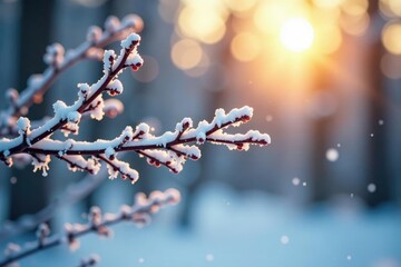 Delicate branches stretching towards sunlight on a snowy background, snowflakes, nature, isolation