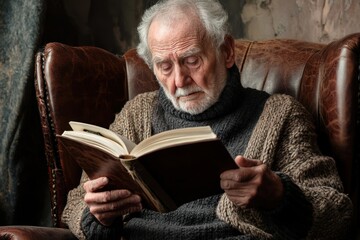 Elderly man reading a book in a cozy armchair with warm lighting