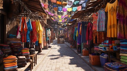 Fototapeta premium A Vibrant Marketplace Scene Filled with Colorful Clothing Racks