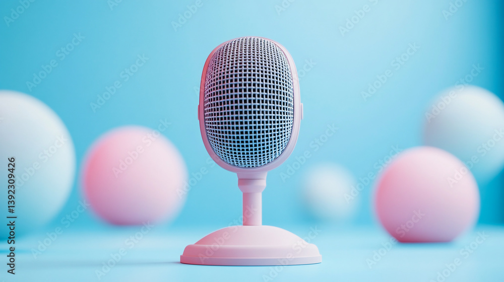 Poster a professional microphone with a waveform pattern displayed on a blue background banner, suitable fo