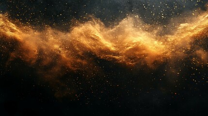 Naklejka premium Golden Dust Cloud Glowing with Sparkling Light on Dark Cosmic Background