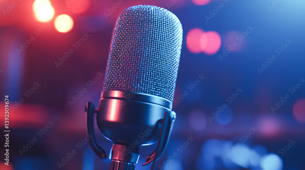 Poster a professional microphone with a waveform pattern displayed on a blue background banner, suitable fo