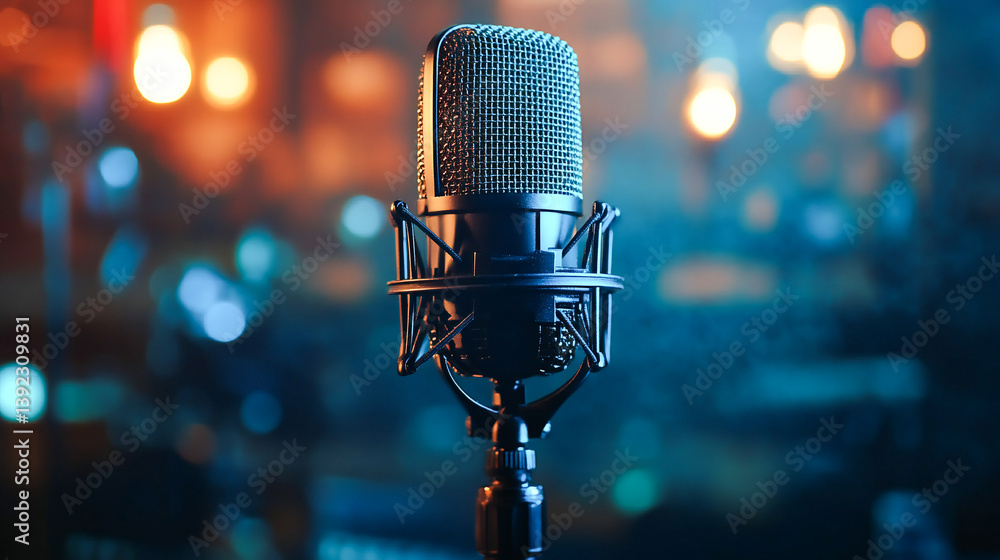 Poster a professional microphone with a waveform pattern displayed on a blue background banner, suitable fo