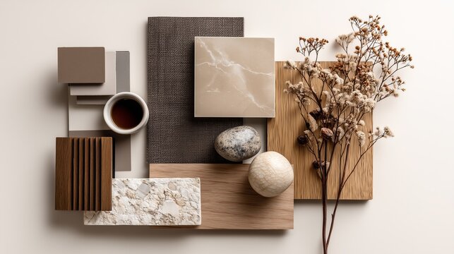 A flat lay of interior design material samples including marble, wood, and stone in neutral and earthy tones, minimalist photography, trending on Pinterest