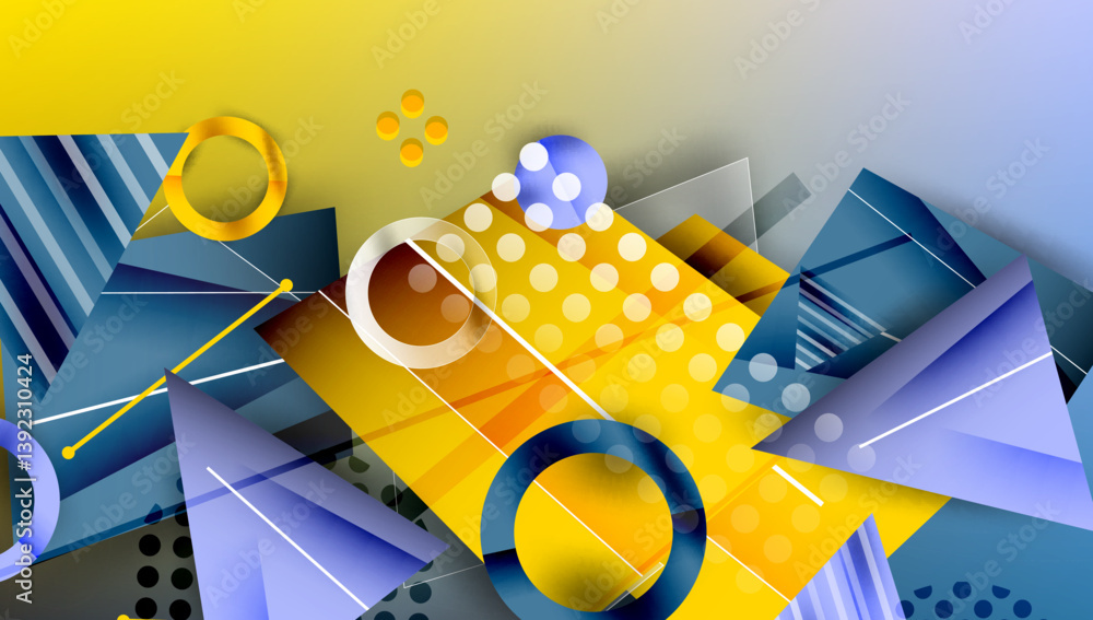 Leinwandbilder abstract geometric composition. yellow, blue, gray shapes overlap. circles, triangles, lines create 
