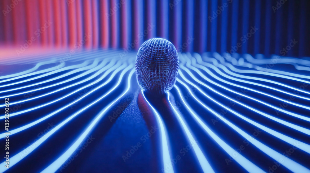 Poster a professional microphone with a waveform pattern displayed on a blue background banner, suitable fo