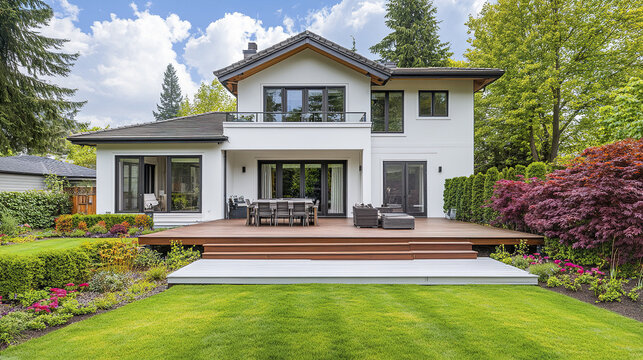Modern white house with wood deck and lush garden, creating serene atmosphere