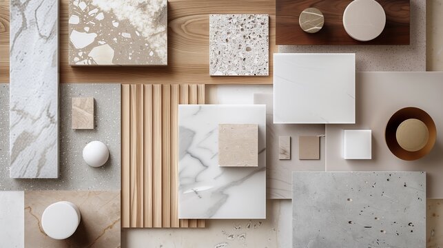A flat lay of interior design material samples including marble, wood, and stone in neutral and earthy tones, minimalist photography, trending on Pinterest