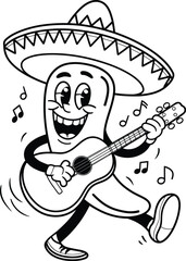 Happy Chili Pepper Playing Guitar with Sombrero|  Traditional symbol of Mexico| Celebrating Cinco de Mayo| Mexican Music Cartoon Vector