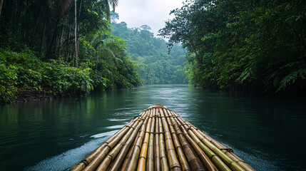 Tourist Relaxing on a Bamboo Raft While Drifting Down a Calm Jungle River