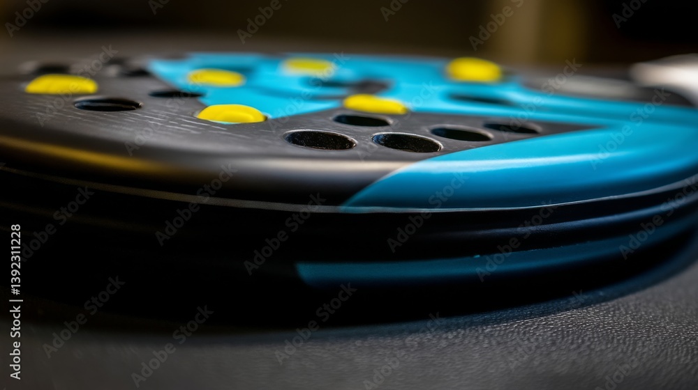 Poster close-up of a colorful paddle with yellow dots and a sleek design