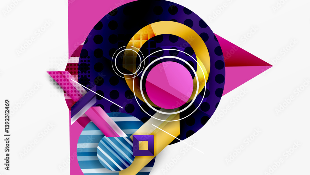 Poster Abstract composition. Geometric shapes overlap. Vibrant colors create dynamic visual experience. Modern design elements present bold aesthetic.