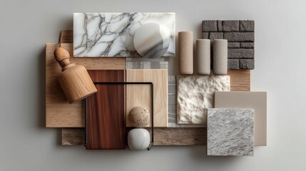 Obraz premium A flat lay of interior design material samples including marble, wood, and stone in neutral and earthy tones, minimalist photography, trending on Pinterest