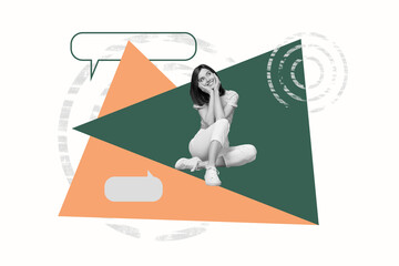3d sketch poster trend collage image of happy girl sit bubble communication icon message...