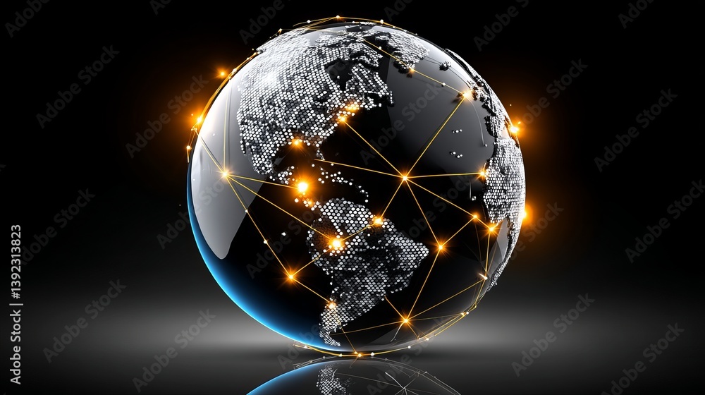 Poster a 3d rendering of an abstract globe features intricate textures, numerous particles, and visible cou