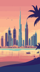 Retro Dubai Cityscape with Landmarks and Skyscrapers in Vintage Minimalist Style