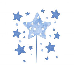 A whimsical blue star with white polka dots, surrounded by smaller stars, perfect for children's themes or magical designs, isolated on a transparent background.