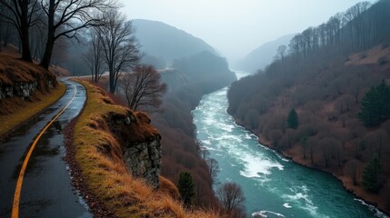 A serene French landscape at midday, with cool, rainy winter conditions, captured in a wide panoramic shot.