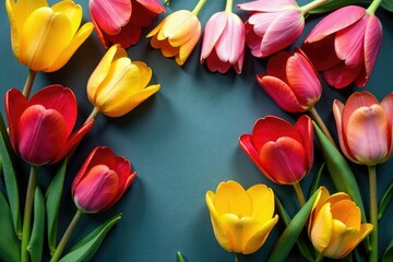 Bold tulip-inspired blooms arranged in a square lattice , geometric, design, vector