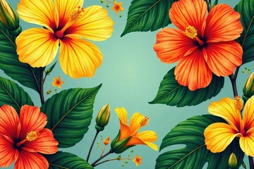 Bold tropical hibiscus print, vibrant orange and yellow blooms , textile, print, yellow
