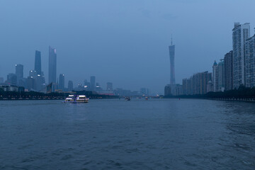 Night view of the landmark buildings on the Pearl River in Guangzhou, Guangdong, China