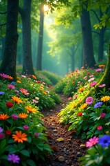 Peaceful scene of colorful flowers in tranquil forest clearing, serene, colorful, spring