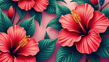 Bold hibiscus print, repeating motif, saturated hues , repeat, orange, bold