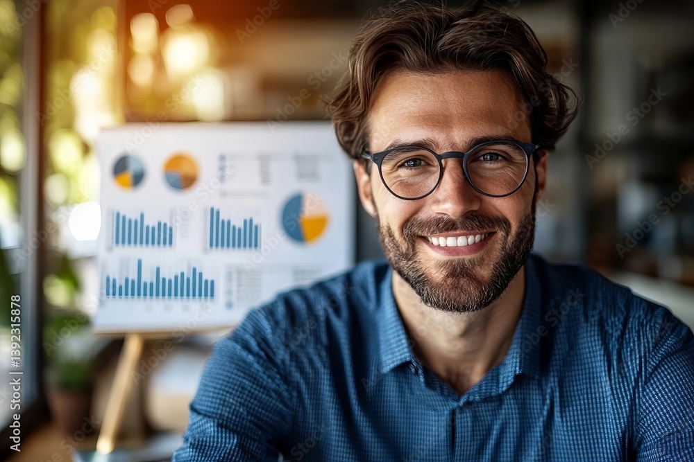 Poster stylish businessman with a confident smile and smart eyewear analyzing sales data and economic growt