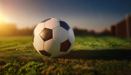 Obraz premium Football on the Field: A classic football rests on lush green grass bathed in warm sunlight. The soccer ball is positioned in a low-angle shot.