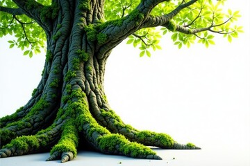 Ancient tree with moss growing on its trunk on white, moss, nature
