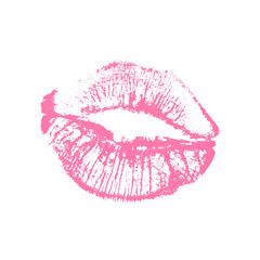 Vector bright pink lipstick kiss print. Sensual female lip imprint on white background.