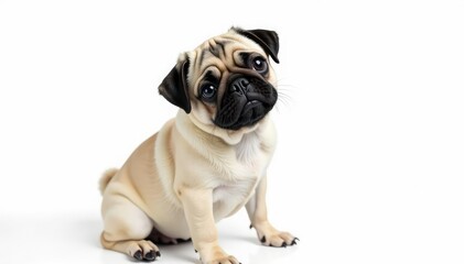 Adorable pug dog, isolated on pure white background, canine, loyal