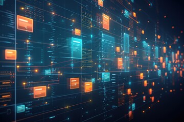 Digital data visualization with interconnected elements and vibrant colors.