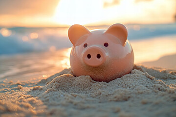 Piggy Bank in Sand: Saving for Vacation or Real Estate by the Beach