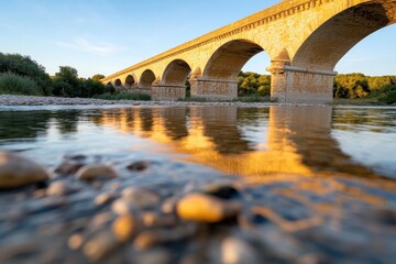 Obraz premium The golden hour light illuminating a massive stone bridge over still waters creates a stunning visual effect, showcasing architectural beauty in a natural setting.