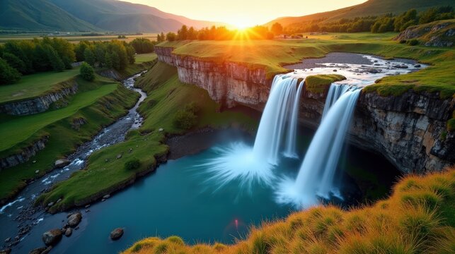 Polylimnio Waterfalls in Greece at dawn, under hot, sunny summer skies, captured from an elevated viewpoint.