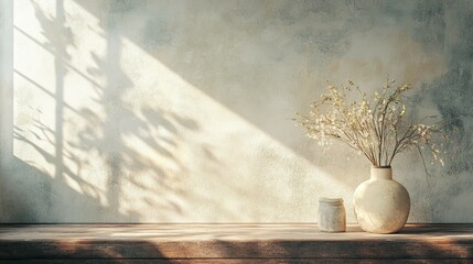 Vase with Dried Flowers on Wooden Shelf with Sunlit Plaster Wall