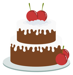 Chocolate cake with icing decorations and cherries 