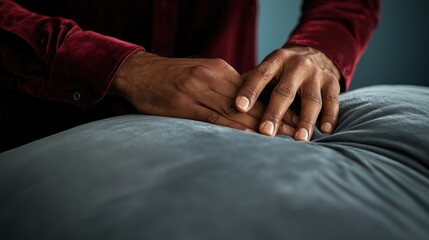 Close-up of hands gently pressing a soft surface.