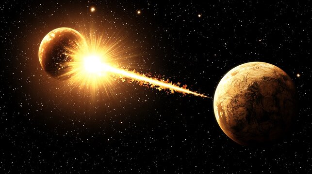 Galactic collision illustration depicting cosmic bodies in fiery interation