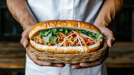 A Person Presents a Savory Banh Mi Sandwich in a Basket