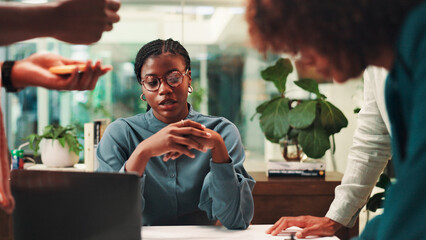 Collaboration, meeting and proposal with business people in office for ideas, pitch or planning....