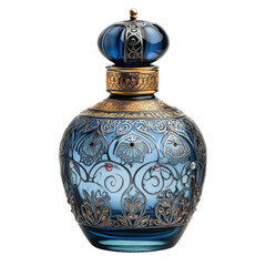 Elegant blue glass perfume bottle with intricate gold detailing isolated on transparent background, cutout png